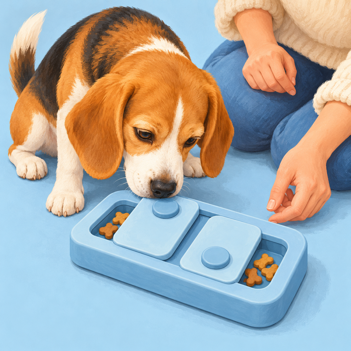 Illustration of a beagle investigating an easy treat puzzle with supervision.