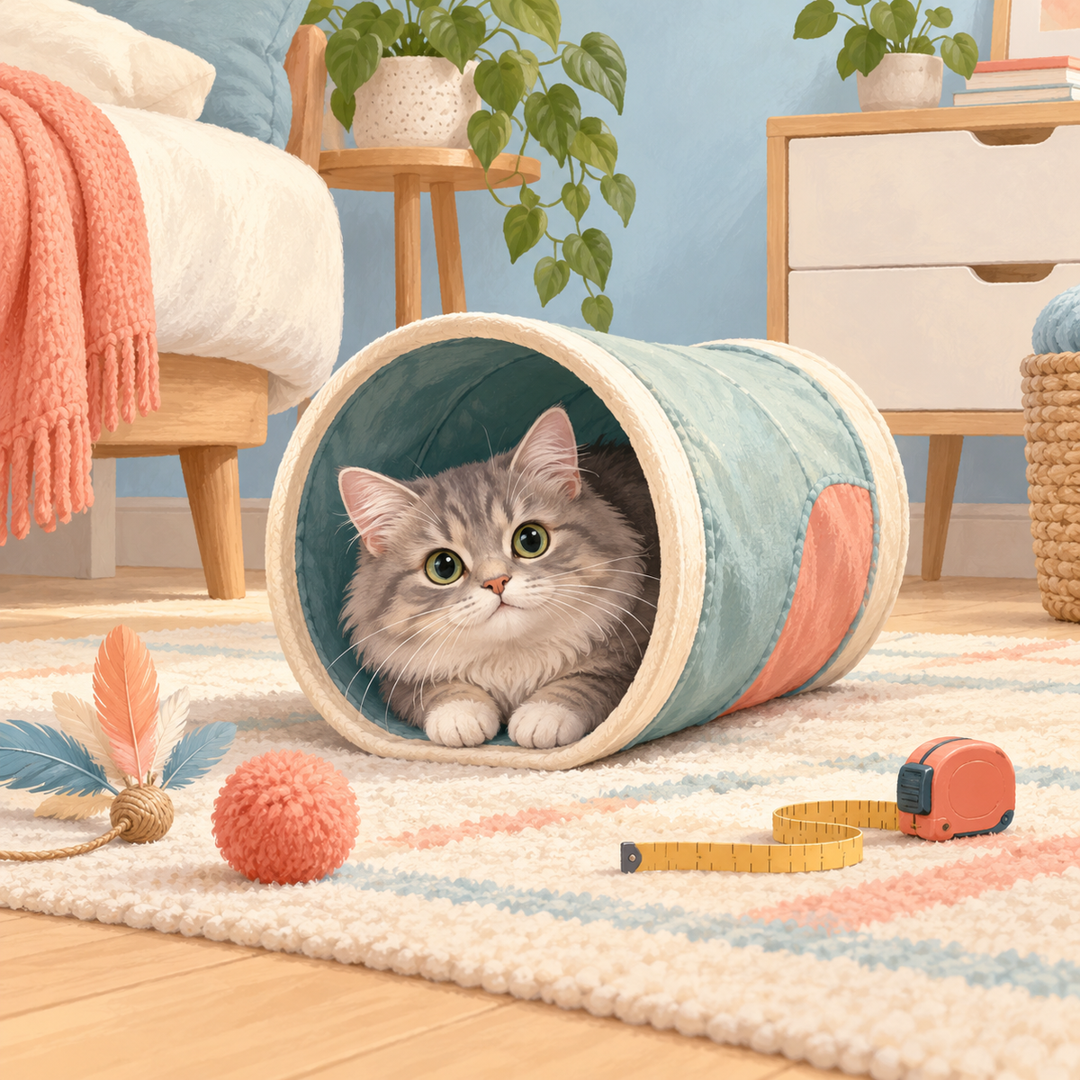 Illustration of a gray cat peeking from a short play tunnel with clear floor space around it.