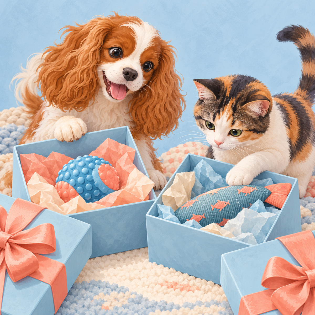 Illustration of a spaniel and calico cat beside open gift boxes containing pet toys.