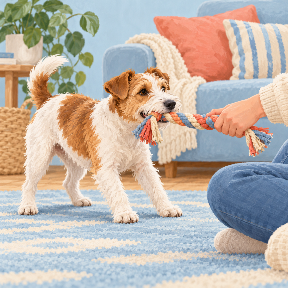Illustration of a terrier playing a gentle, supervised tug game with all paws on the floor.