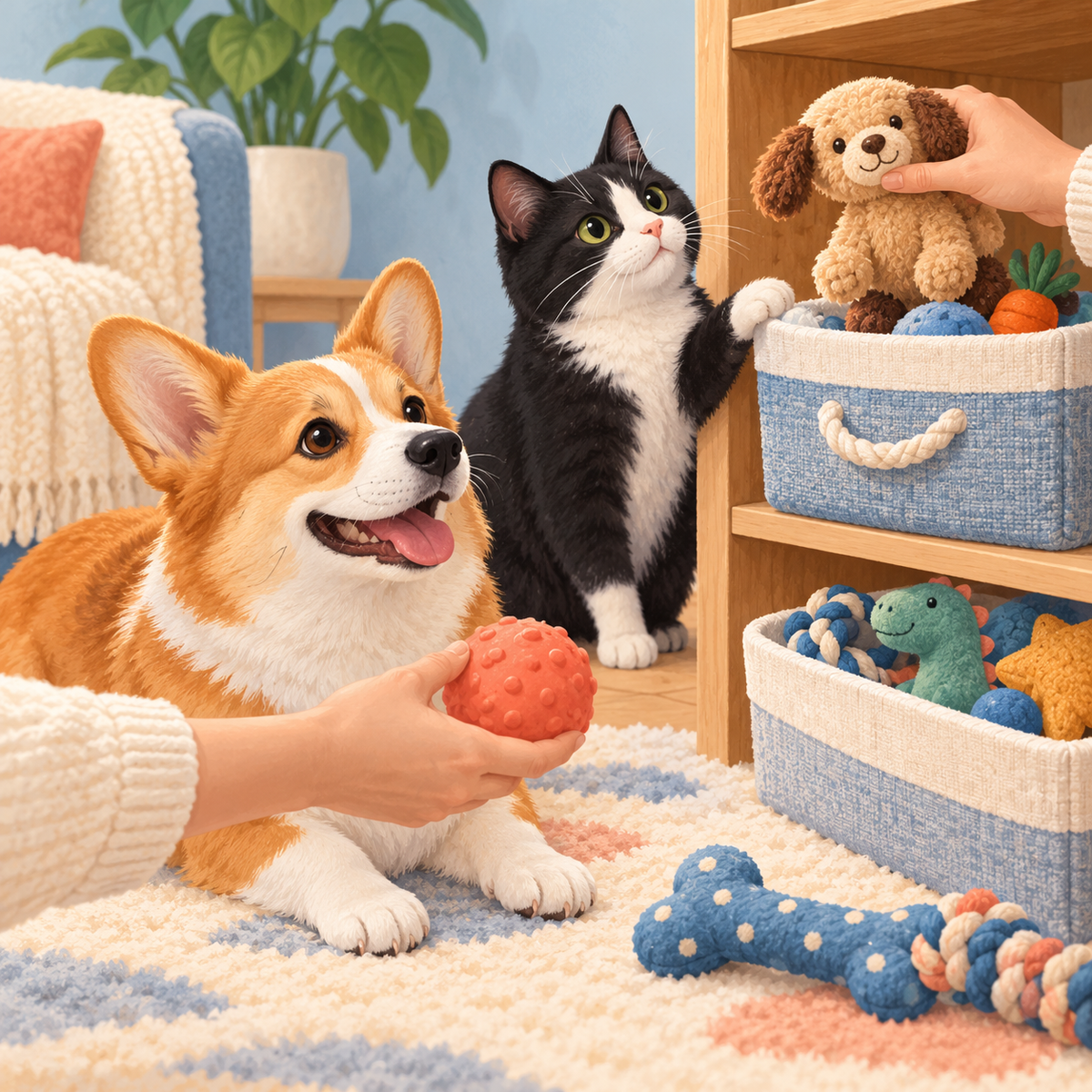 Illustration of a dog and cat watching an owner rotate a few toys between baskets.