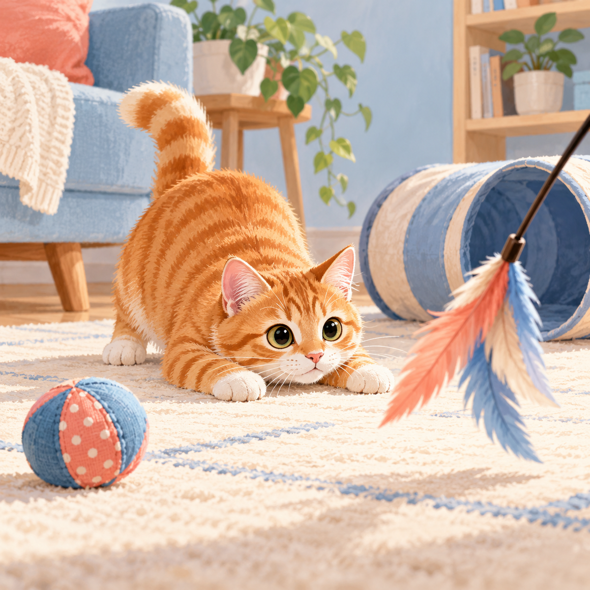 Illustration of a tabby cat exploring a feather wand, soft ball and tunnel in a bright room.