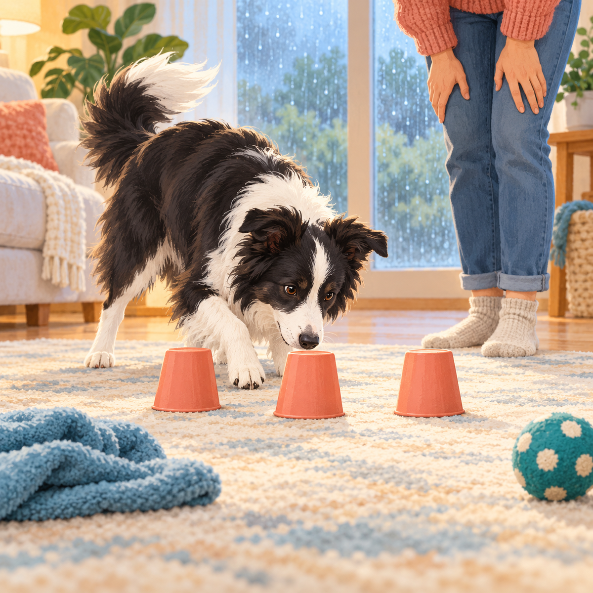 Illustration of a border collie playing a supervised indoor search game on a rainy day.