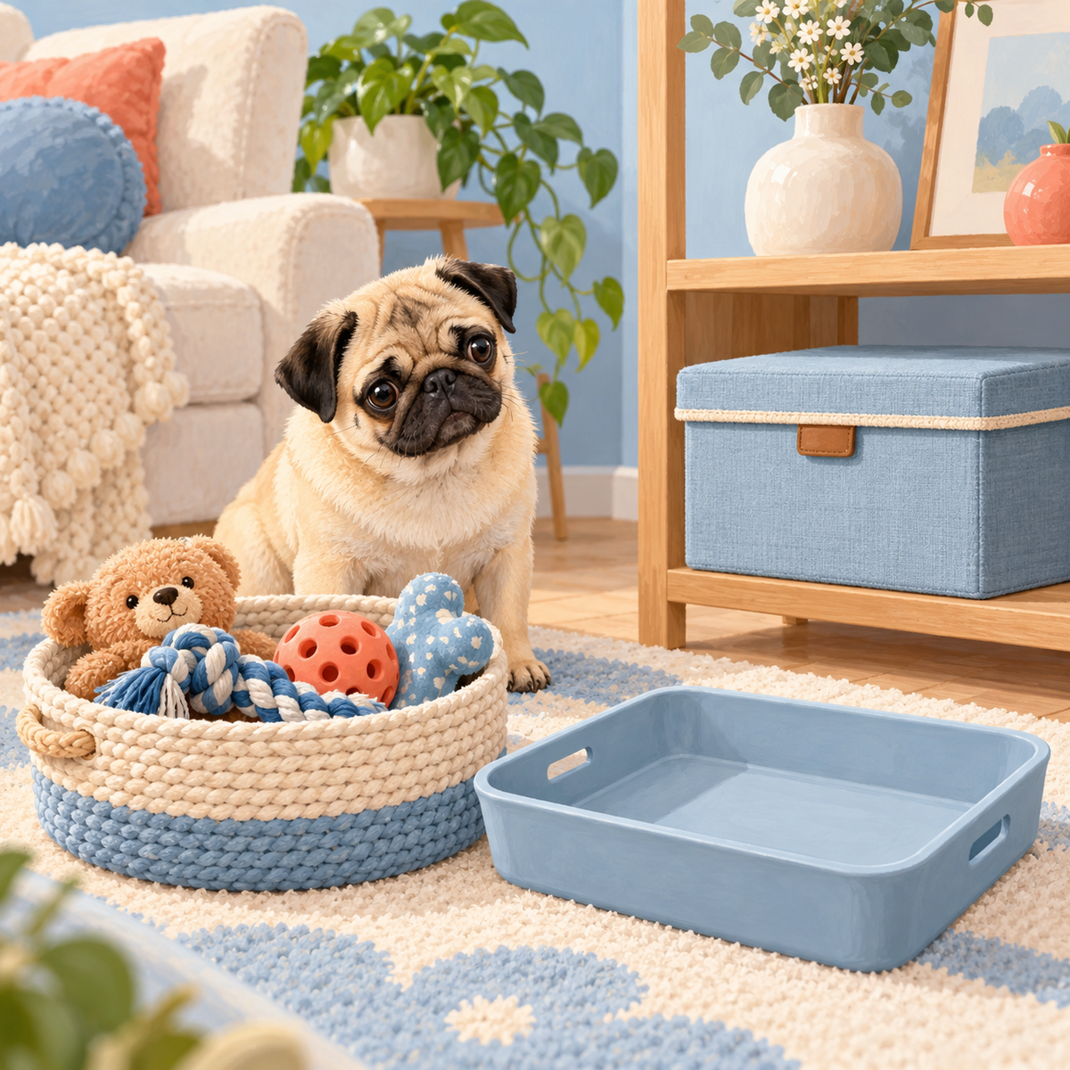 Illustration of three separate pet-toy storage areas in a small living room.