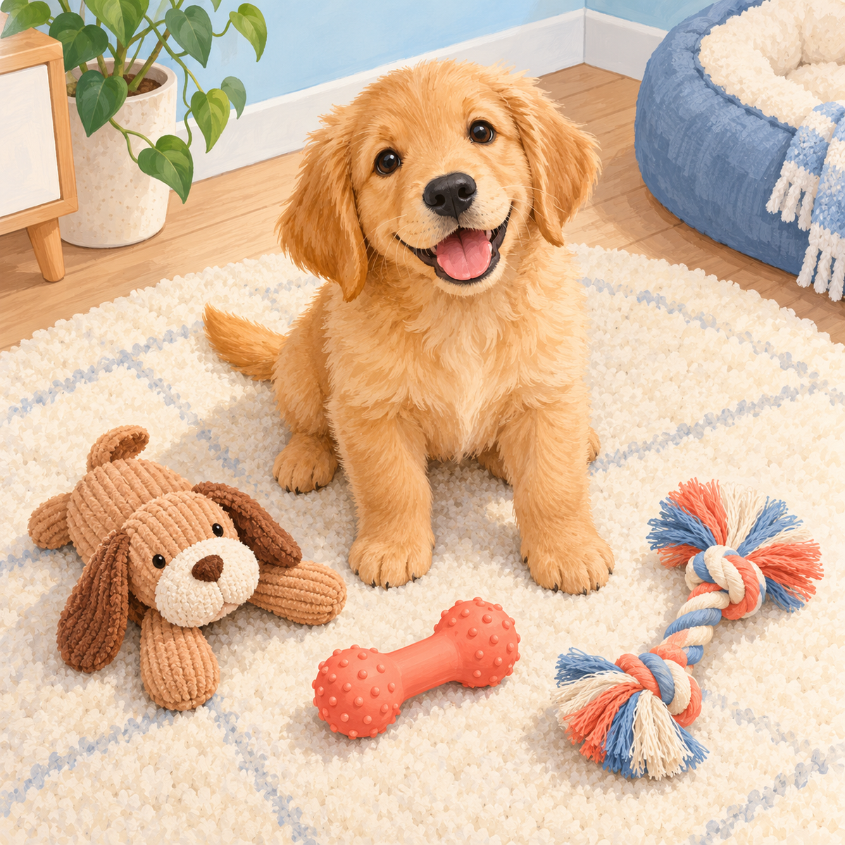 Illustration of a golden retriever puppy with a small selection of starter toys.