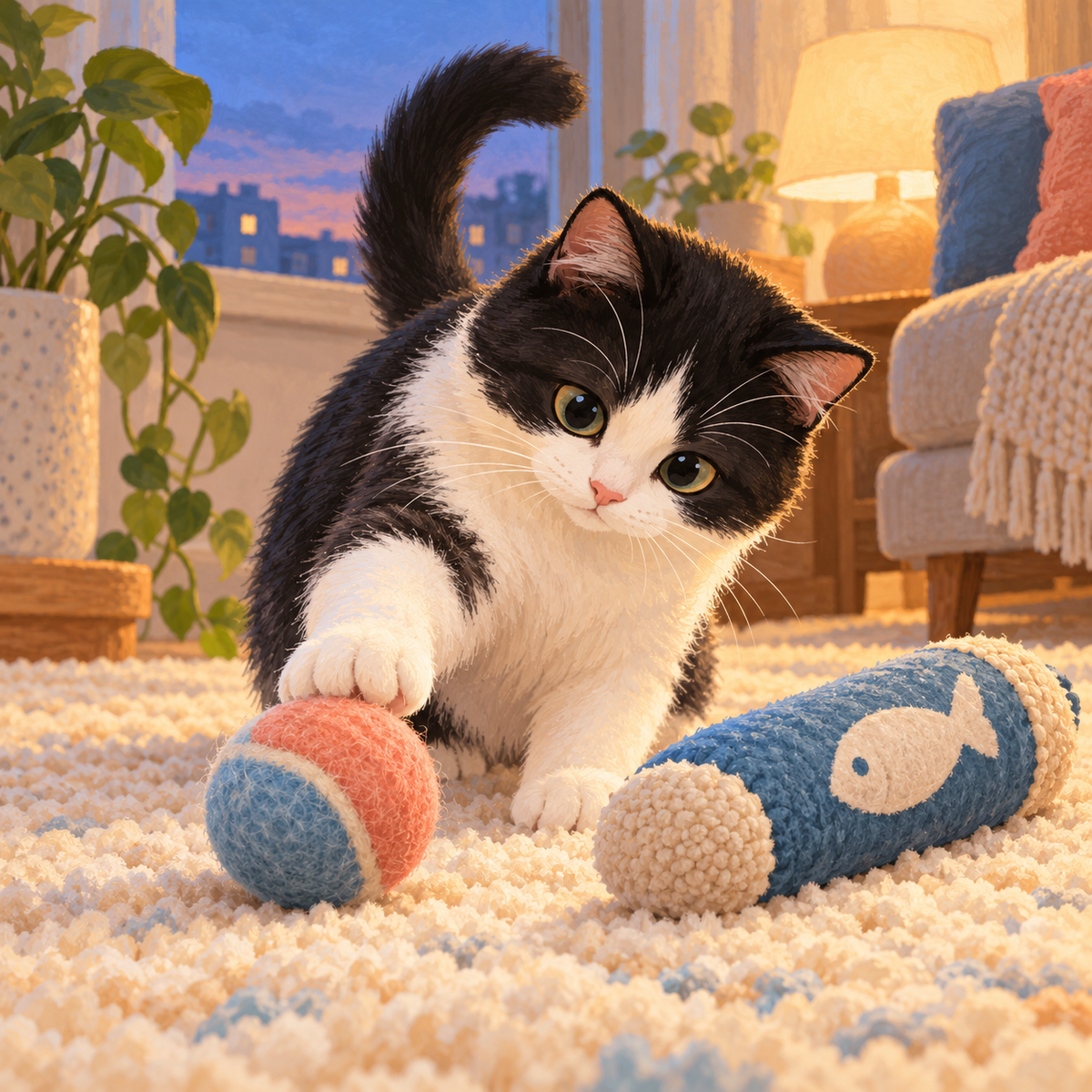 Illustration of a cat playing with soft toys on a rug in a quiet apartment.