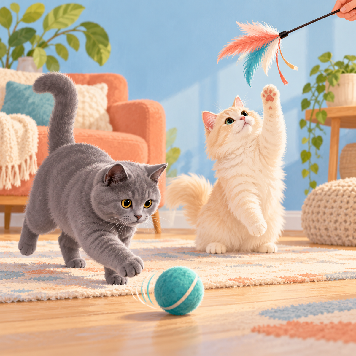 Illustration of cats trying ground-level ball chasing and supervised feather-wand play.