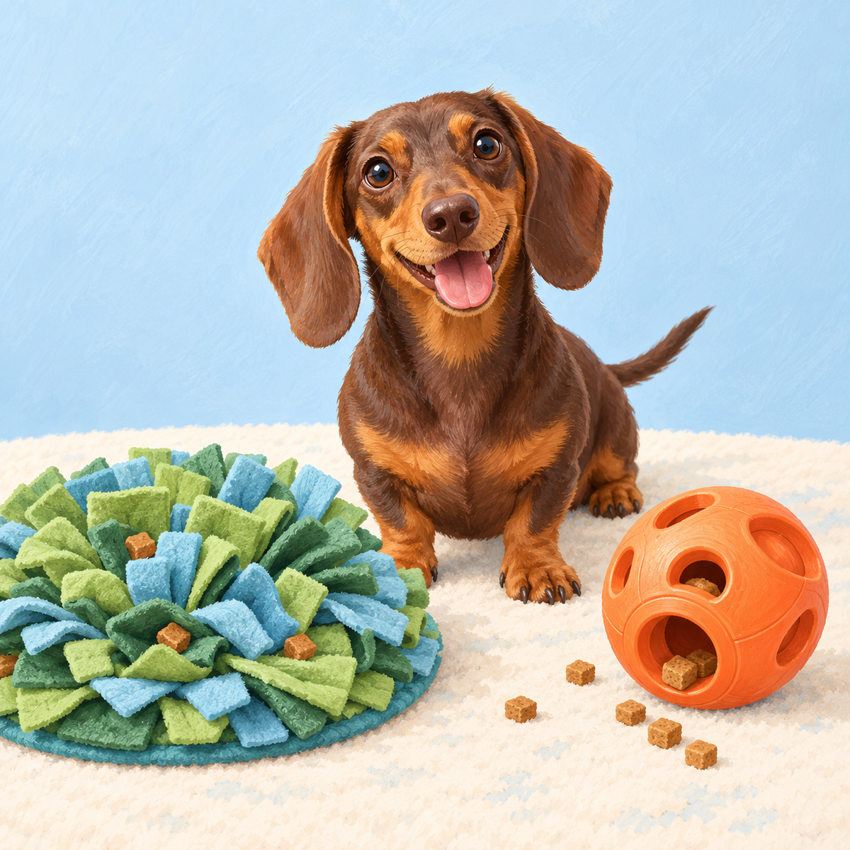 Illustration comparing a fabric snuffle mat and treat ball beside a dachshund.